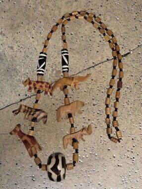 Vintage African Safari Carved Wood & Bone Necklace